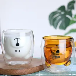 Vinglas Cartoon Glass Cup Mug Double Layer High Borosilicate Duck Bear Milk Hushållen TEA Kaffe Vatten Drinkware