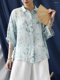 Kvinnors blusar Johnature Women Vintage Print Floral Shirts Ramie Loose Tops 2023 Summer Turn-Down Collar Half Sleeve Chinese Style