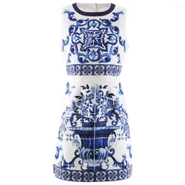 Vestidos casuais moda designer verão tanque vestido mulheres o-pescoço sem mangas azul e branco porcelana impressão vintage mini