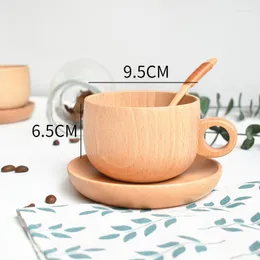 Koppar Saucers Natural Hand-Carved Coffee Cup Three-Piece Solid Wood Tea Beech med handtag Vatten eftermiddagsresegåva