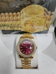 Original Box Certificate 18K Gold President Male Watches Day Date Diamonds Red Dial Watch Män rostfri Diamond Bezel Automatisk armbandsur 2813