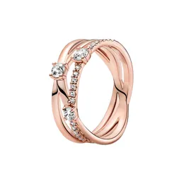 18K Rose Gold Sparkling Triple Band Ring för Pandora Cz Diamond Wedding Jewelry for Women Girls Real Sterling Silver Engagement Designer Rings med originallåda