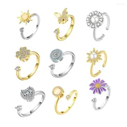 Cluster Rings Anti Stress Anxiety Silver Flower 925 Women Men Spinner Fidget Vintage Gold Couple Anillos Jewelry