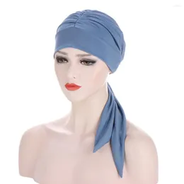 Roupas étnicas Quimioterapia multicolorida Turbans de tampa para mulheres Hijab Lenfra de cor sólida Cristal de cauda longa Turbante