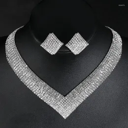 Ketting oorbellen set Trade Luxury African Wedding for Women Rhinestones Crystal Geometric Choker Bridal Jewelry