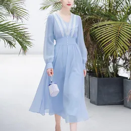 Casual Dresses Linda Della 2023 Fashion Designer Women Summer Modeller Temperament Blue V-Neck Bubble Hylsa Slim