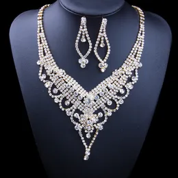 Festive Versatile Fashion Double Layers Pendant Earrings Set Sexy Super Shiny Full Diamond Necklace Necklace Women's Clavicle Chain Choker XL2229