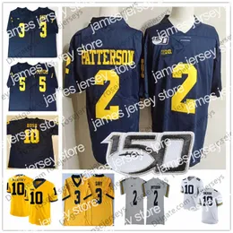 American College Football Wear 2019 Michigan Wolverines #2 Shea Patterson 10 Dylan McCaffrey Devin Bush 3 Rashan Gary Peppers Brady Woodson Weiß Marineblau 150TH Jer