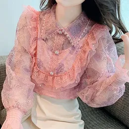 Damskie bluzki różowa koszula kobiety 2023 FANLUS FRANCUSH PUMP Sleeves Bluzka luksusowy stojak na przemysł ciężki koronkowe hafty odzieżowe
