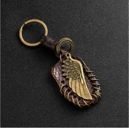 Fashion Vintage Brown Genuine Leather Wing Compass Music Symbol Keychain Charm Handwork Alloy Accessories Men Key Chain