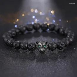 Strand 2023 4 colori Zircone Bracciale Uomo Micro Pave CZ Rame Testa di leopardo Fascino Braccialetto Nero naturale Rocce vulcaniche Pietra per