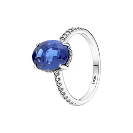 Sparkling Statement Halo Ring with Original Box for Pandora Authentic Sterling Silver Wedding Jewelry Blue Stone CZ Diamond Girlfriend Gift Rings Set