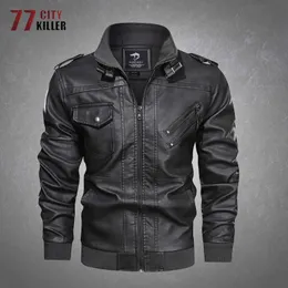 Outdoor Jackets Hoodies PU Leather Jacket Men Outdoor Casual Motorcycle Waterproof Stand Collar Coats Male Tactical Bomber Jackets Mens EU Big Size 3XL 0104