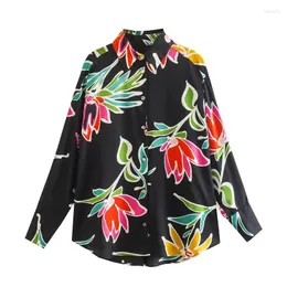 Kvinnors blusar Zatrhmbm 2023 Fashion Floral Printed Woman Blus Vintage Långärmad skjorta Turn-down-krage-knapp upp grundläggande damer toppar