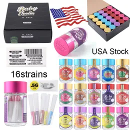 Usa Warehouse e Cig Accessories 2.5g Baby Jeeter Infused 0.5g Glass Jars Wax Container Dry Herb Storages Empty Bottle with Pre roll Papers 16Strains