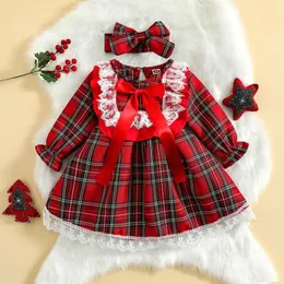 Sukienki dla dziewczynek Citgeeautumn Christmas Kids Girl Suit Zestaw Plaid Lase Lacko-Lin-Line Sukienka na głowę