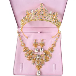 Festlicher Strasshälfte Gold Kristall Kronen Halskette Ohrringe Set Kragen Tiara Anhänger Volldiamantkragen Kette Fairy Girl Choker Brauthochzeitszubehör