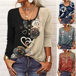Kvinnors T-shirt 2022 Autumn och Winter Elegant Women's Casual Loose Long-Sleeved Geometric Flower U Neck Button T-Shirt Pullover Oversize Shirt T230104