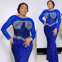 2023 Ballkleider Arabisch Sexy Royal Blue Mermaid Scoop Neck Pailletten Spitze Kristall Perlen Pailletten Lange Ärmel Bodenlangen Aso Ebi Abendkleider Vestidos