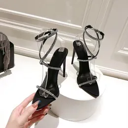 Nuovi sandali in pelle nera Sandali con cinturino incrostato di strass Tacchi a spillo tacco alto per 11mm donna estate scarpe di design di lusso scarpe da festa con tacco
