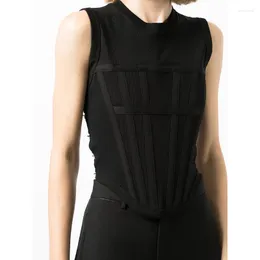 Kvinnors T -skjortor 2023 Summer Ribbed Round Neck Sleeveless Corset Shape Temperament Fashion Sexig Fishbone Vest Curved Hem Top