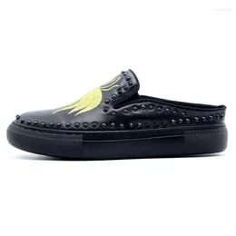 Sandals Leather 2023 Genuine Men Embroider Rivet Black Slip On Slippers Platform Loafer Flat With Beach Garden Shoes Male