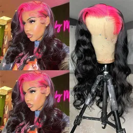 180% Densidade preta destaque rosa perucas de cabelo humano 13x4 onda corporal renda frontal peruca hd transparente renda