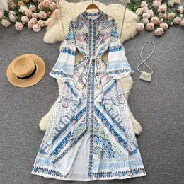 Casual Dresses Ethnic Style Dress O Neck Lace Up Vestidos Printing Full Flare Sleeve Female Bodycon De Mujer Women Clothes Drop