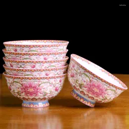 Skålar keramisk skål 4,5/6 tum emalj rosa blommor porslin hem servis el ris soppa container vintage bordsartå