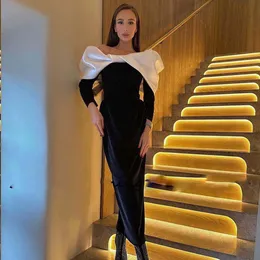 Sumnus Black Mermaid Evening Dresses White Satin Off Shoulder Long Sleeve Formal Prom Gowns for Women Ankle Length Robe de Soiree