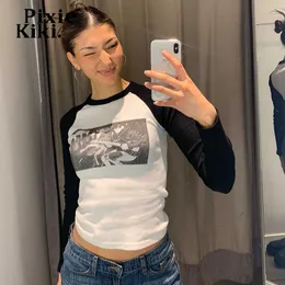 Damen T-Shirt PixieKiki Vintage Y2k Abstrakter Druck Raglan Langarm Crop Top Streetwear Damen 2000er Grunge Baby Tee Grafik T-Shirts P67BC18 T230104