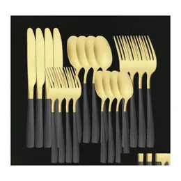 Dinnerware Sets 20Pcs Stainless Steel Dinner Black Gold Set Knife Fork Coffee Spoon Cutlery Kitchen Tableware Sierware Drop Delivery Dhzga