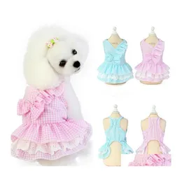 Dog Apparel Pet Cat Bowknot Dress Plaid Printing Puppy Clothes para primavera Drop Drop Drop Home Garden Supplies Dhu4C