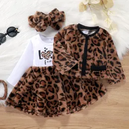 Clothing Sets Autumn Winter Toddler Girls Letter Leopard Print Fur Patchwork Long Sleeve Dress Jacket Tops Headband Baby's 230105