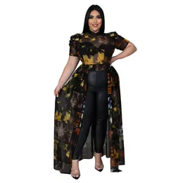 Women Plus Size Dresses Printed High Waist Low Tops Blouse Puff Short Sleeve Mesh See Through Maxi Tunic Shirt Dress