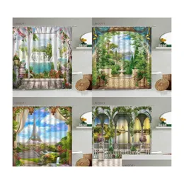 Shower Curtains Landscape Scenery Curtain Waterfall Forest Arched Garden Window View Green Plants Flowers Home Bathroom With Hook Dr Dhnbf