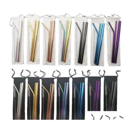 Drinking Straws Sts 5Pcs 304 Stainless Steel Environmentally Friendly Reusable St Set Highquality With Cleaning Brush And Bag Drop D Dhsjr