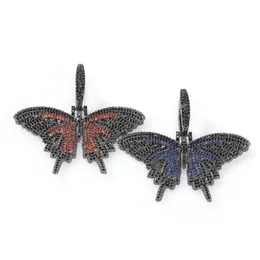 New Trendy White Gold Plated Bling CZ Black Blue Red BUtterfly Pendant Necklace for Men Women with 24inch Rope Chain Hip Hop Jewelry