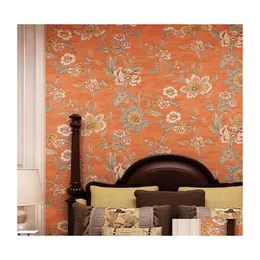 Pap￩is de parede vintage retro laranja laranja grande flor papel mural luxo 3d sala de estar pap￩is de parede floral quarto papel piintado qz023 gota dhbwo