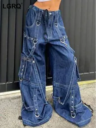 Kvinnors jeans LGRQ Fashion Patchwork Loose High midje Streamer Big Pockets Straight Denim Pants Kvinna Hösten 2023 19J2179 230105