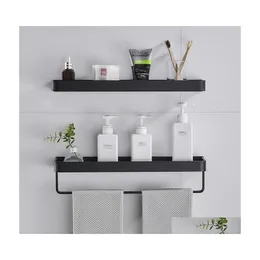 Hooks Rails Black Aluminum Towel Shelf Bathroom Storage Rack Wallmounted Tray Vanity Shower Caddy Spice Organizer 30/40/50Cm Drop Dhkpo
