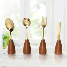 Servis uppsättningar 4st trähandtag rostfritt stål plattvaror set guld återanvändbart bestick japansk stil middag knivgaffel gaffel bordsartiklar