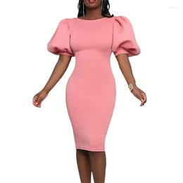 Ethnic Clothing 2023 Summer Elegent African Women Short Sleeve Solid Color Knee-length Dress Dresses For Clothes S-3XL