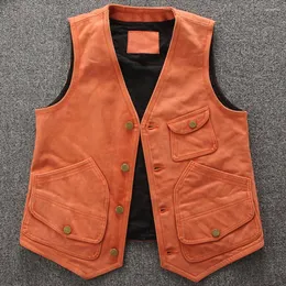 Mäns västar fårskinn herrkvalitet sommarrock äkta orange färg stor hög man weskit s maistcoat äkta läder väst 4xl