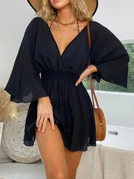 Günlük Elbiseler Derin V Yaka Uzun Kollu Sırtı Açık Mini Elbise Şifon Tunik Plaj Örtüsü Örtbas Giyim Beachwear V3840W