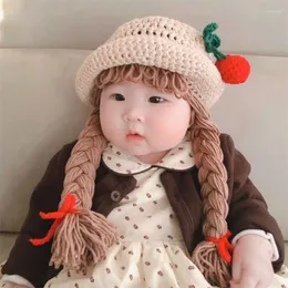 Hats 1-6Y Children Baby Girl Hat Long Hair Pigtail Braid Wig Cap Winter Warm Cherry Round Top Princess Kids Girls And Caps