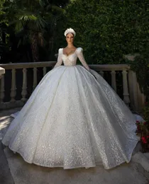 Luxury Ball Gown Wedding Dresses Appliques Long Sleeves Bateau Shiny Sequins Beads Ruffles 3D Lace Celebrity Floor Length Costume Homme Formal Dresses Bridal Gowns
