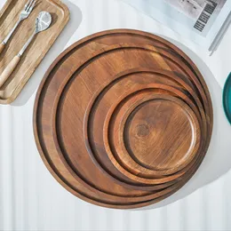 Plates MUZITY Round Solid Wood Dessert Plate Dinner Wooden Saucer Tea Tray Whole Acacia Tableware Set