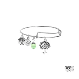 Bangle Korea Fashion Diy Tree of Life Wire Bracelet dla kobiet i dziewcząt Sier Sier Plated Happy Charms Alloy Bangles z zielonym kryształem dns0