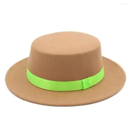 Berets Mistdawn Wool Blend Boater Sailor Hat Pork Pie Cap Flat Top Bowler For Women Men W/ Green Ribbon Band Size 7 1/4